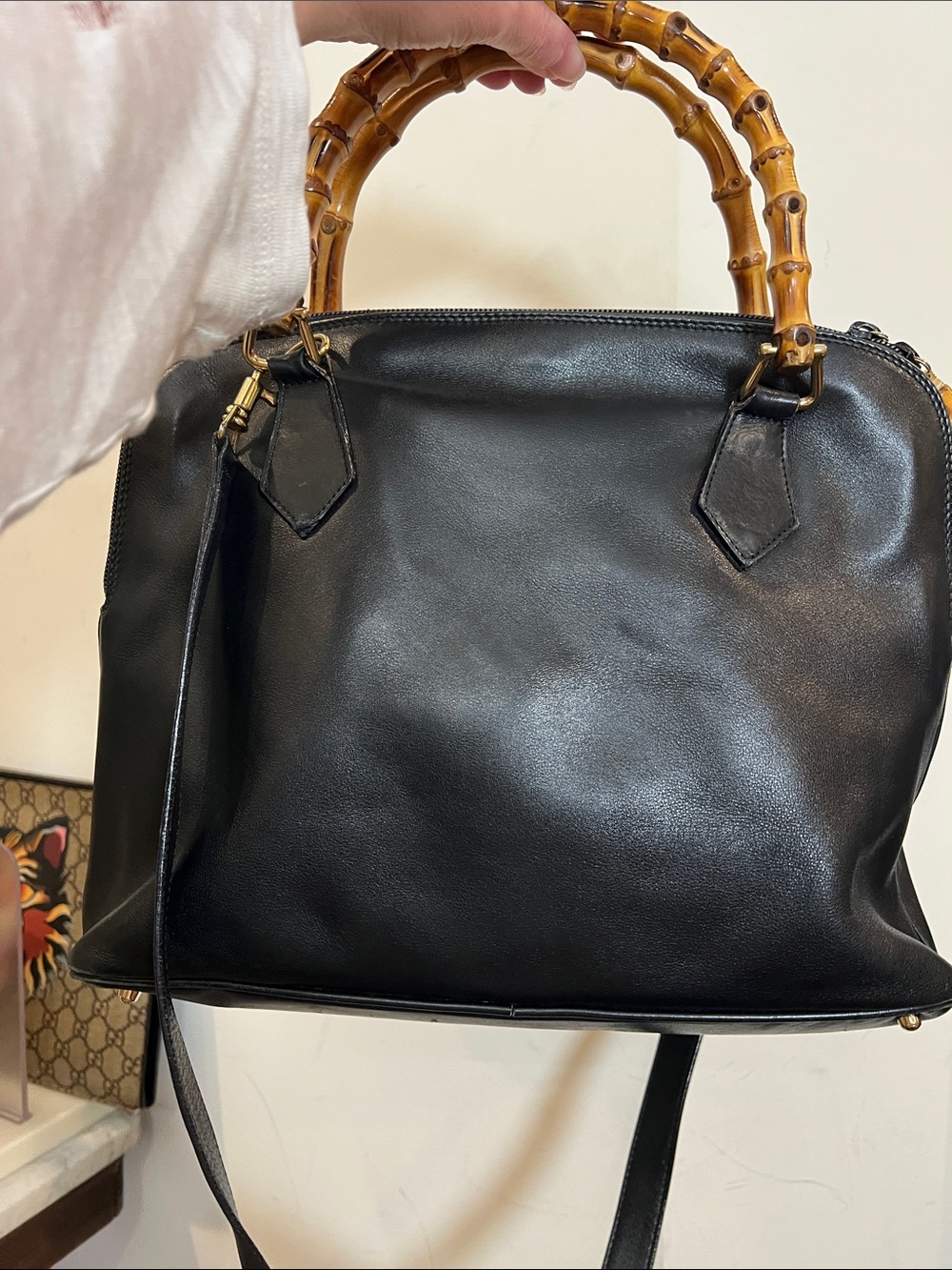 Gucci Black Leather Shoulder Bag w Bamboo Handles - corner wear, peeling inside